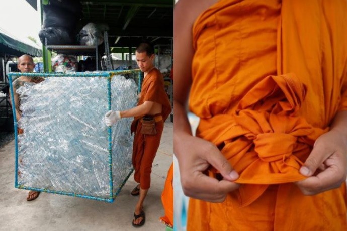 Abiti tradizionali dei monici buddisti realizzati con le bottiglie di plastica